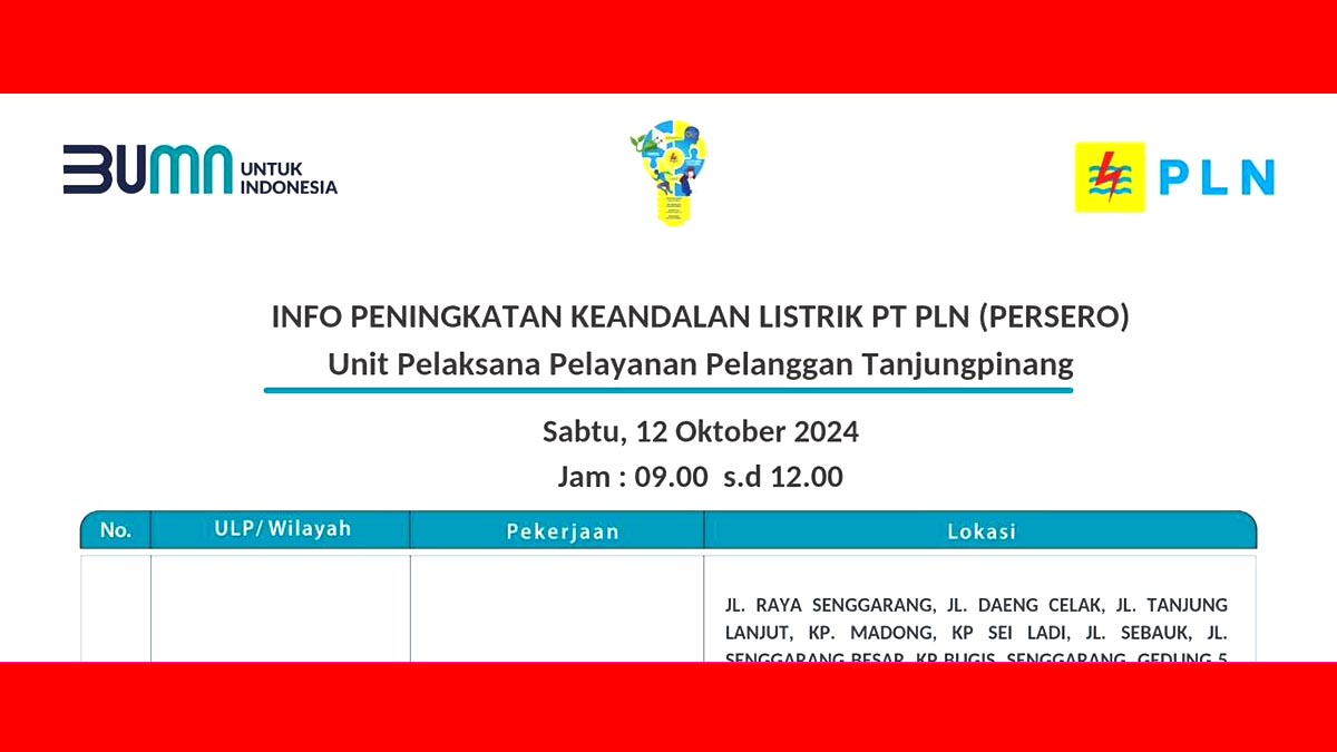 PLN Tanjung Pinang Akan Lakukan Pemadaman Listrik Sabtu 12 Oktober 2024, Berikut Wilayah Terdampak
