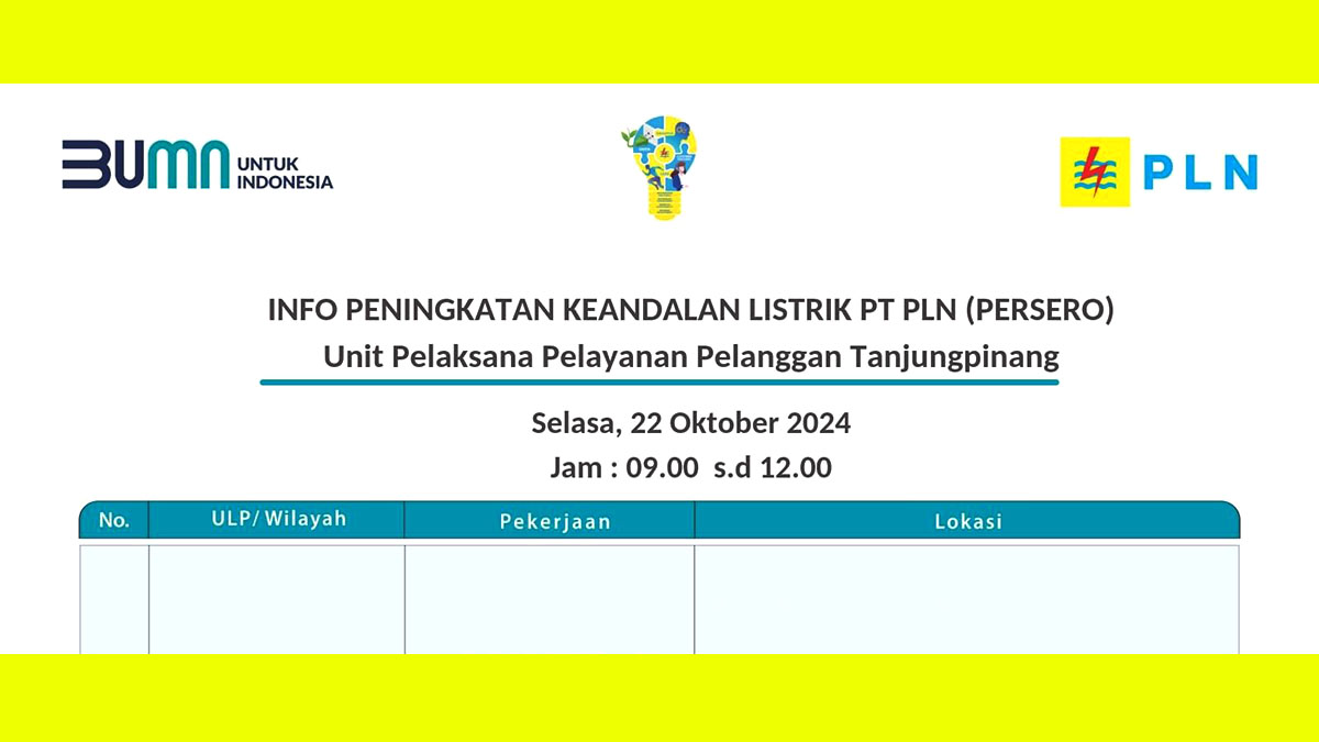 PLN Tanjung Pinang Umumkan Pemadaman Listrik Sementara di Beberapa Wilayah pada 22 Oktober 2024 untuk Emergency Perbaikan JTM