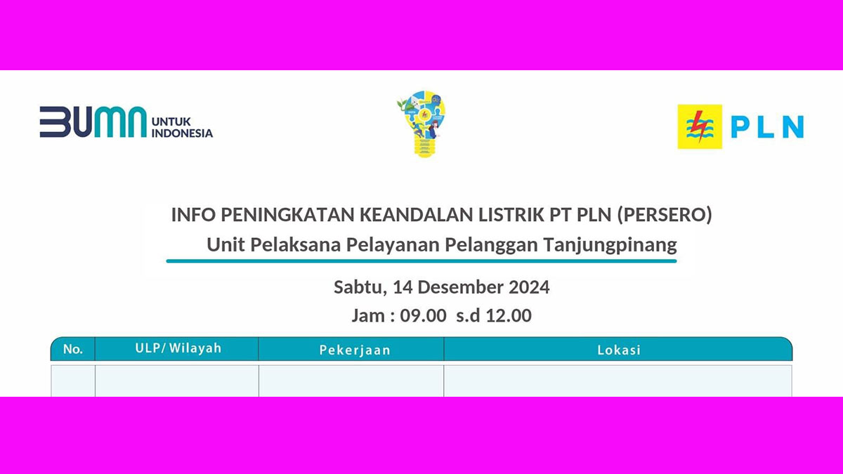 PLN Tanjung Pinang Jadwalkan Pemadaman Listrik Sabtu 14 Desember 2024 untuk Pemeliharaan Jaringan, Ini Wilayah Terdampak!