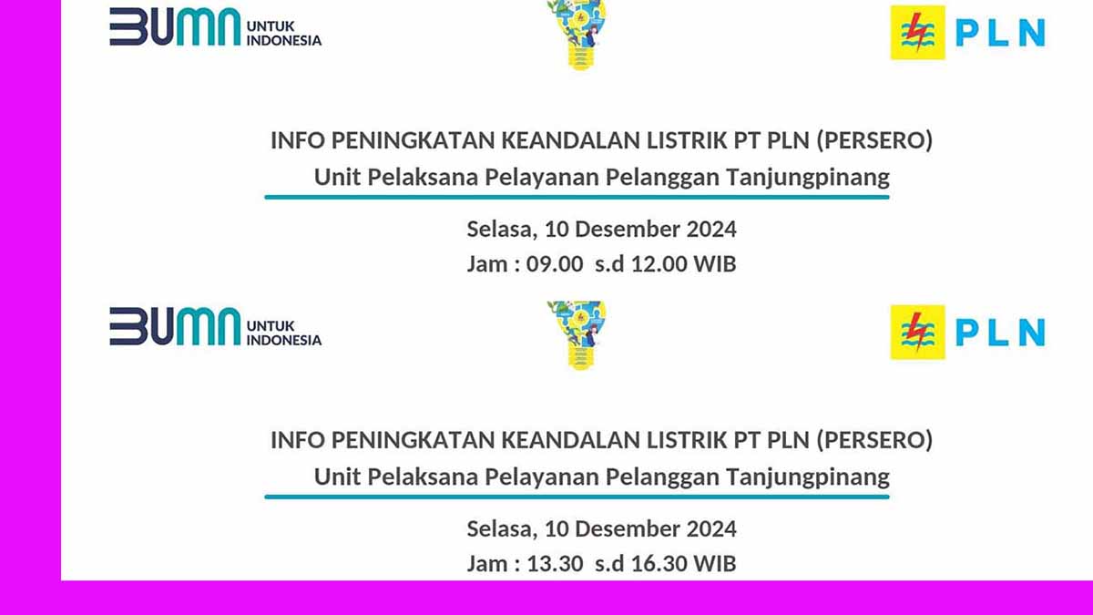 Pemadaman Listrik di Tanjung Pinang Selasa 10 Oktober 2024 Mulai Pukul 09.00 WIB-16.30 WIB, Berikut Jadwal dan Lokasinya