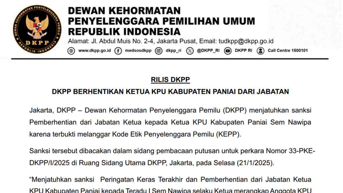 Ketua KPU Kabupaten Paniai Dicopot, Ini Alasannya