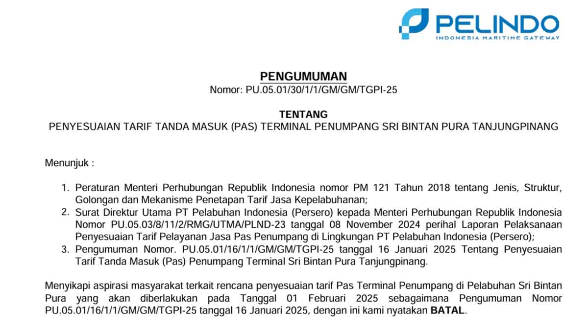 PELINDO Cabang Tanjung Pinang Batalkan Penyesuaian Tarif Pas Terminal Penumpang Sri Bintan Pura Kota Tanjung Pinang. (Foto : PELINDO)