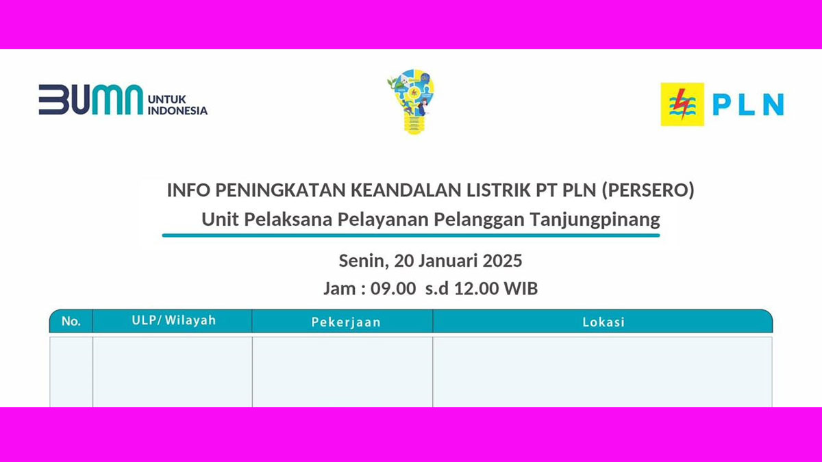 PLN Tanjung Pinang Umumkan Jadwal Pemadaman Listrik 20 Januari 2025, Ini Wilayah Terdampak