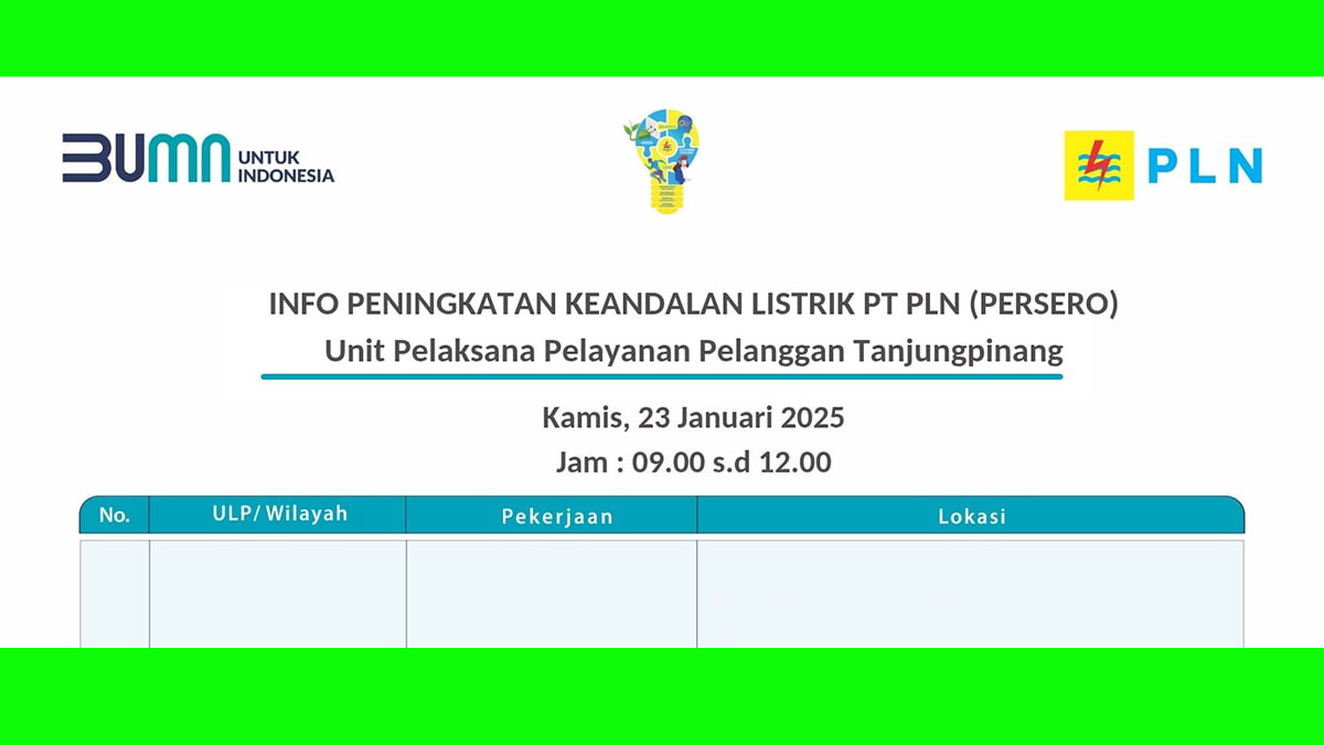 Pemeliharaan Jaringan Tegangan Menengah: PLN Tanjung Pinang Umumkan Jadwal Pemadaman Listrik pada 23 Januari 2025, Ini Wilayah Terdampak