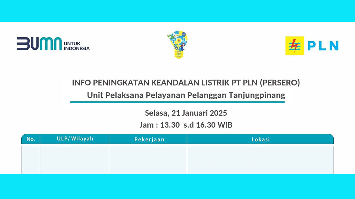 PLN Tanjung Pinang Umumkan Jadwal Pemadaman Listrik 21 Januari 2025, Berikut Wilayah Terdampak