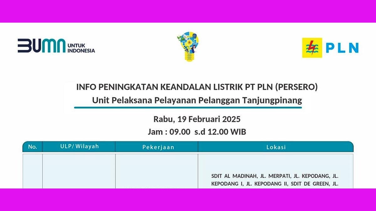 Besok Mulai Pukul 09.00 WIB Mati Lampu di Tanjung Pinang, Rabu 19 Februari 2025 | Ini Wilayah Terdampak Pemadaman!