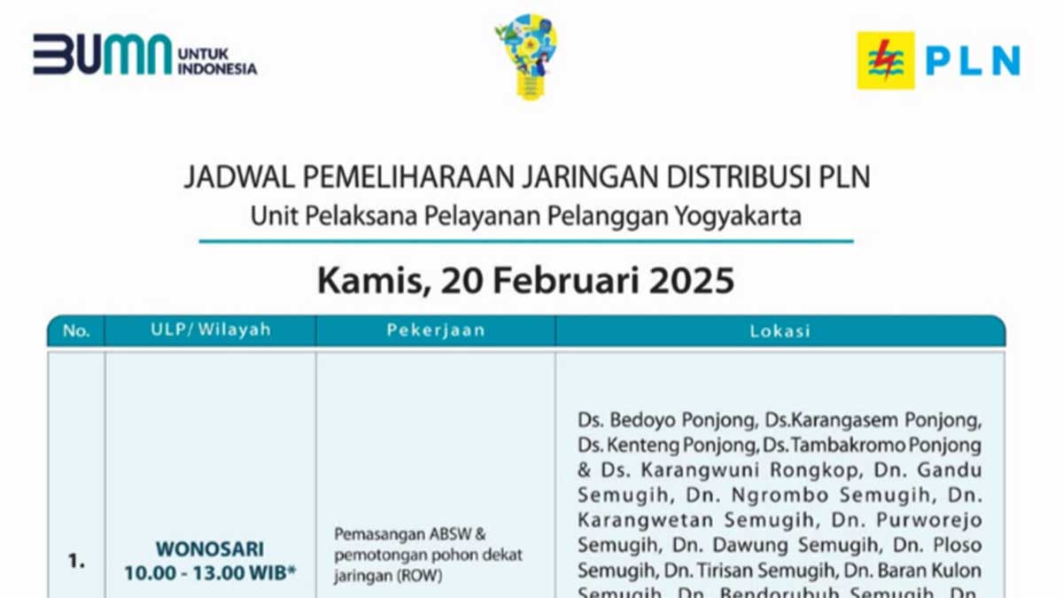 Info PLN UP3 Yogyakarta: 3 Jam Mati Lampu di Wonosari, Kamis 20 Februari 2025 | Ini Lokasi Padam!