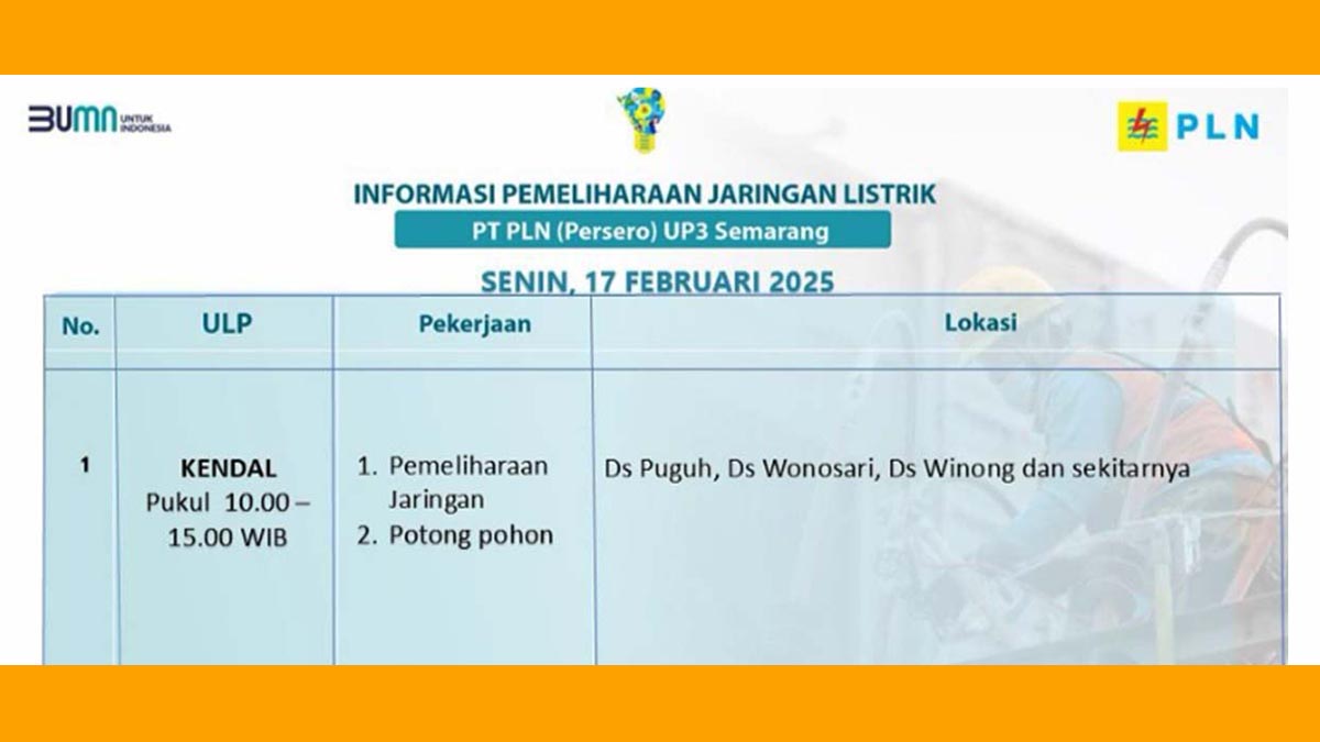 5 Jam Mati Lampu di Kabupaten Kendal, Senin 17 Februari 2025 | Ini Jadwal dan Wilayah Terdampak Pemadaman!