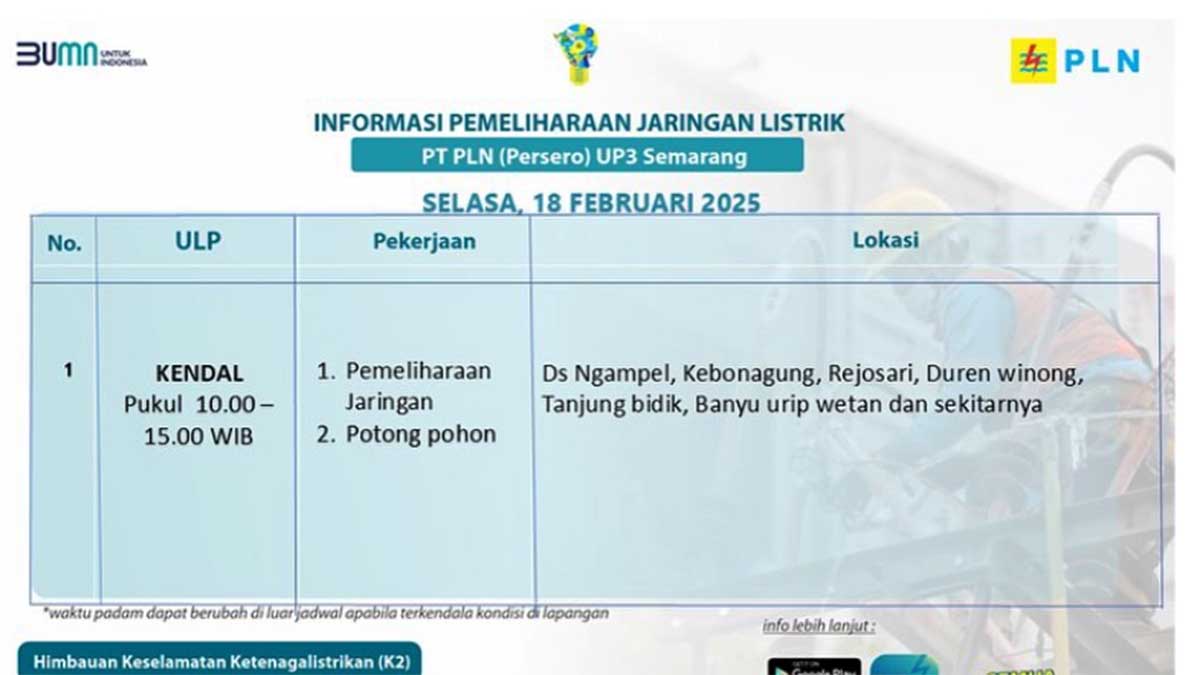 5 Jam Mati Lampu di Kendal UP3 Semarang, Selasa 18 Februari 2025 | Cek Disini Wilayah Terdampak!