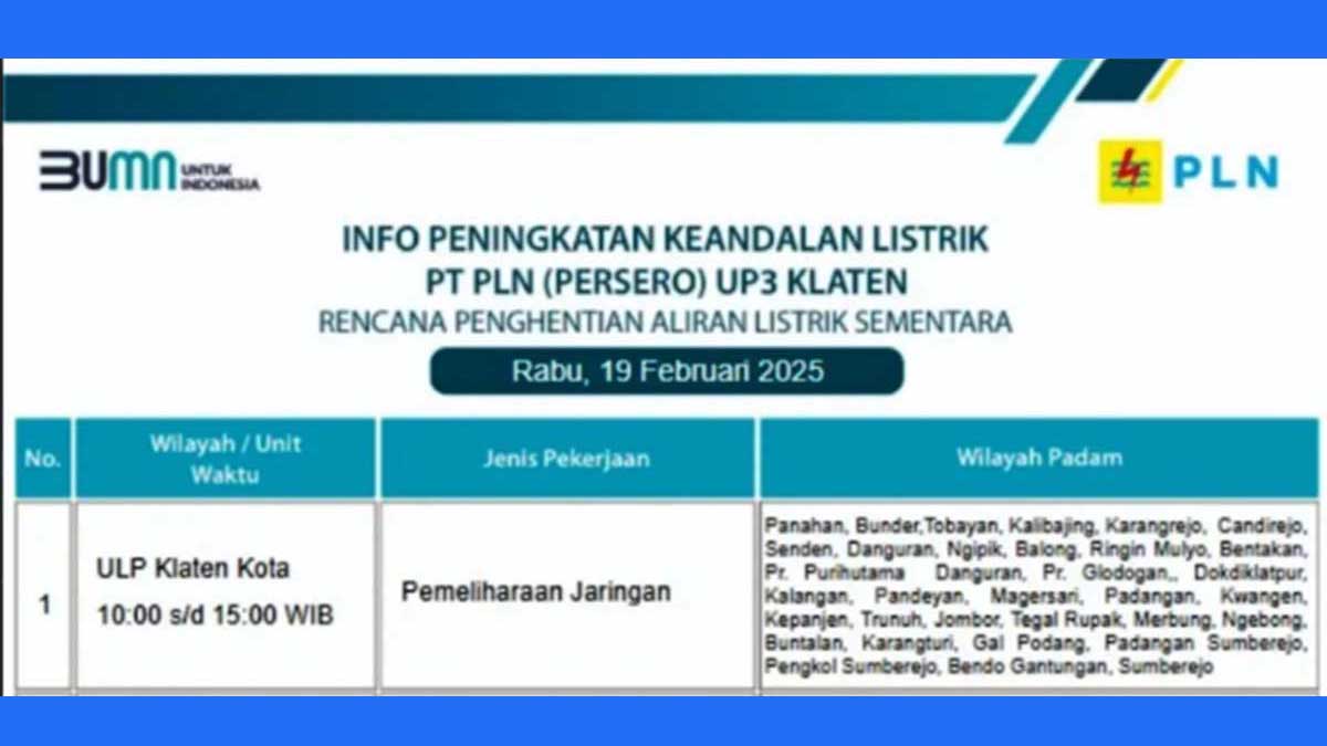 5 Jam Mati Lampu di Klaten Kota, Rabu 19 Februari 2025 | Cek Lokasi Padam Disini!