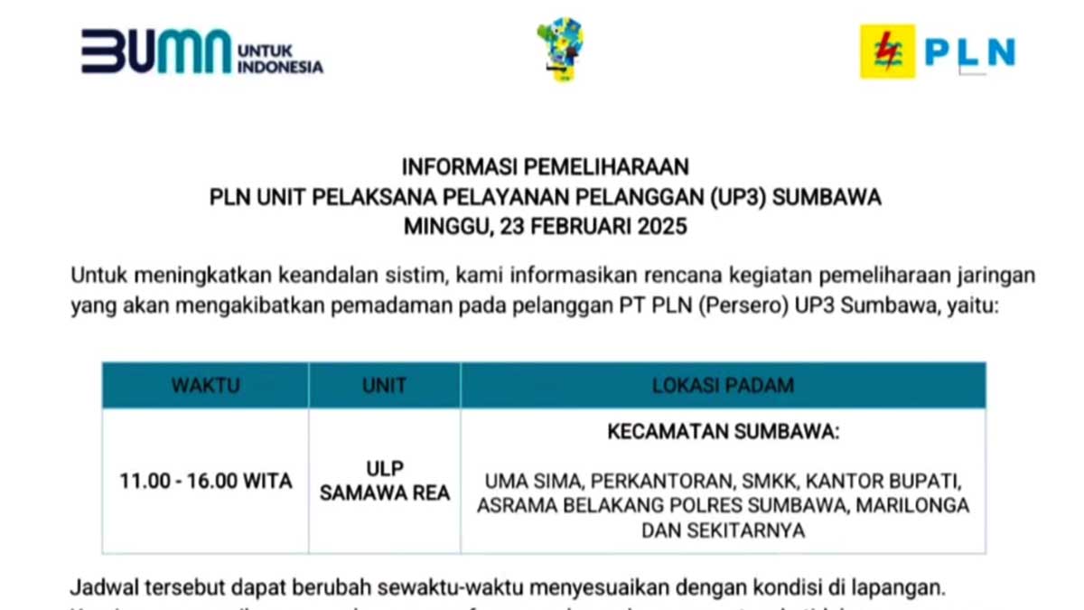 5 Jam Mati Lampu di Sumbawa, Minggu 23 Februari 2025 | Ini Lokasi Padam!