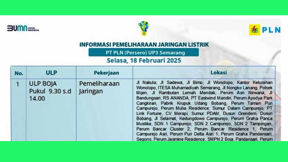5 Jam Mati Lampu di ULP Boja UP3 Semarang, Selasa 18 Februari 2025 | Ini Wilayah Terdampak Pemadaman!