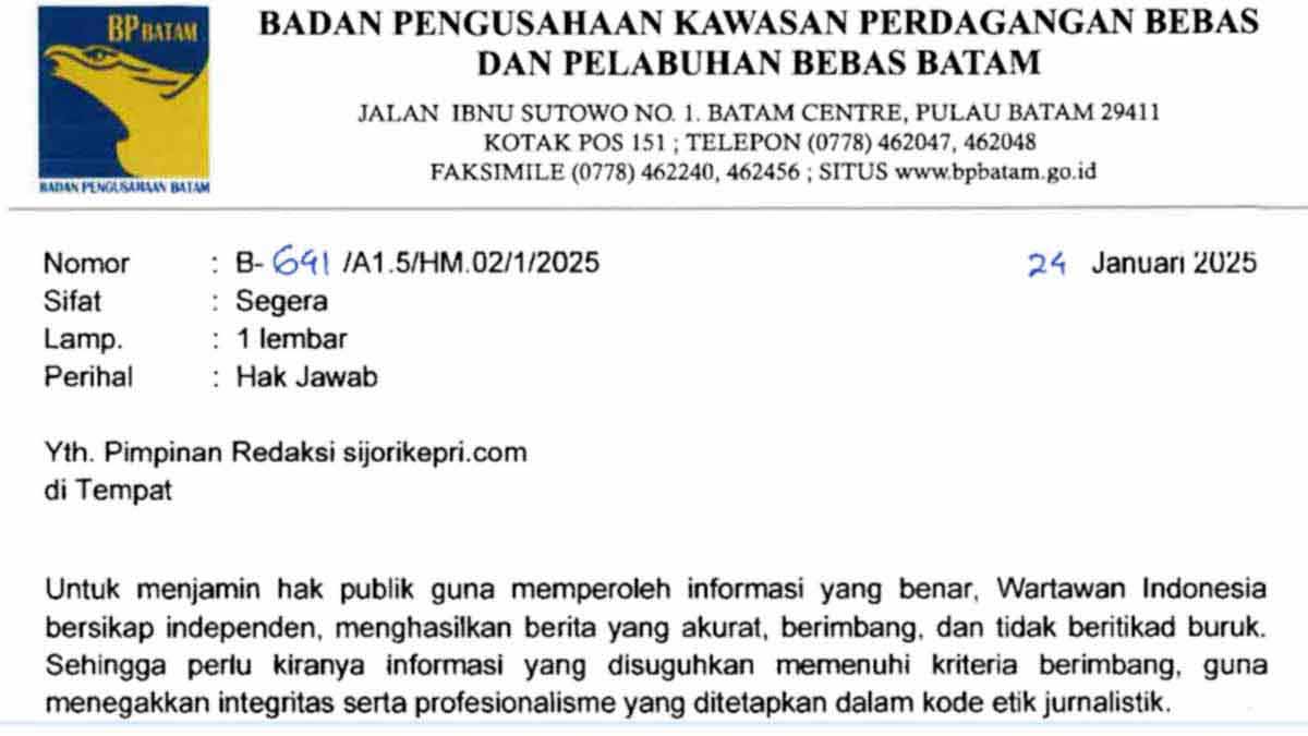 Hak Jawab BP Batam Atas Pemberitaan Judul: Amburadul dan Tidak Profesional! Kinerja BP Batam Dikecam Warga Tembesi Tower