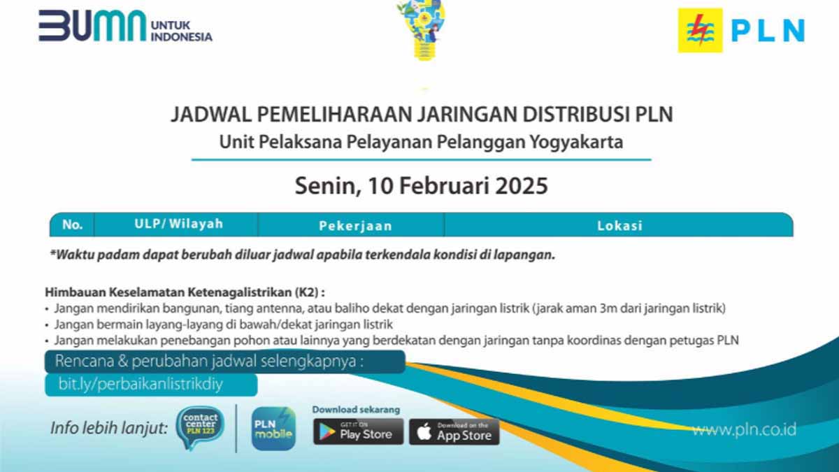 Jadwal Pemadaman Listrik PLN Yogyakarta pada Senin 10 Februari 2025.