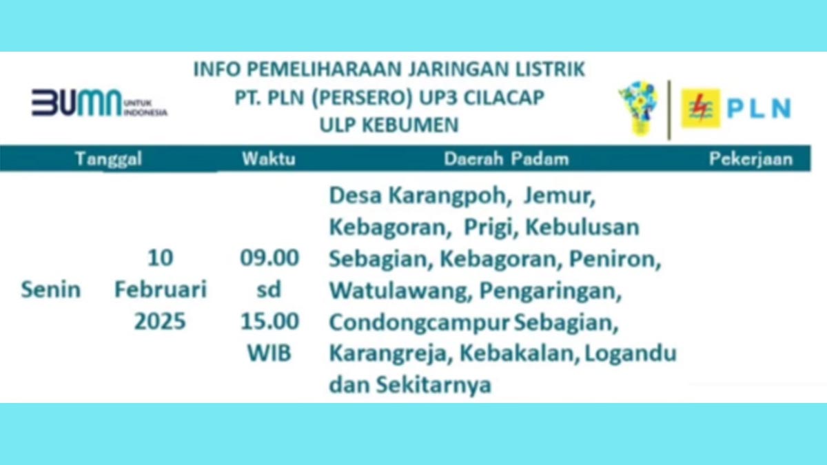 Kembali, PLN Kebumen Lakukan Pemeliharaan Jaringan Listrik pada Senin 10 Februari 2025, Ini Wilayah Terdampak Pemadaman!