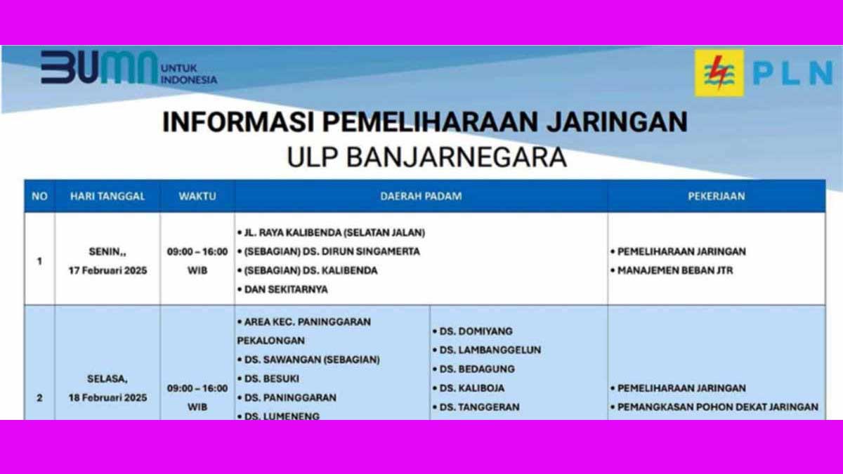 Mati Lampu 7 Jam Setiap Hari di Kabupaten Banjarnegara Mulai 17-22 Februari 2025, Ini Wilayah Terdampak Pemadaman!