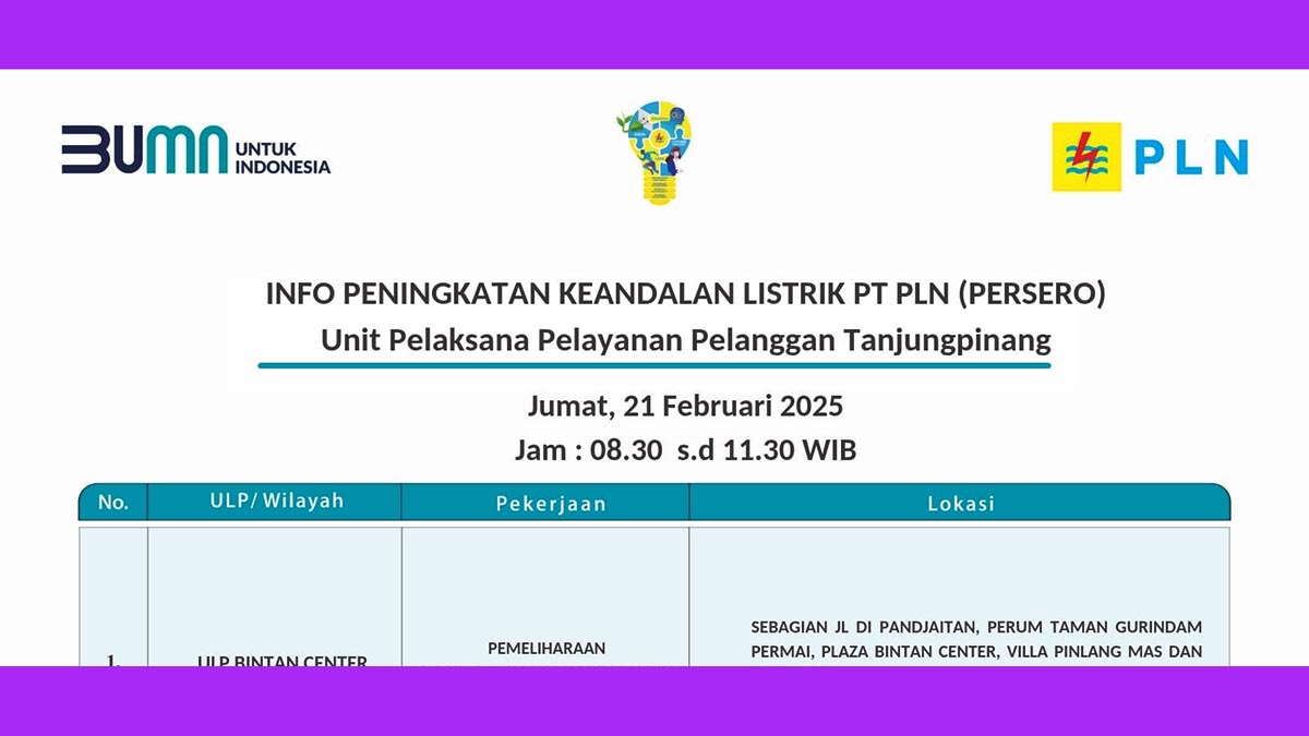 Mati Lampu Mulai Pukul 08.30 WIB di Tanjung Pinang, Jumat, 21 Februari 2025