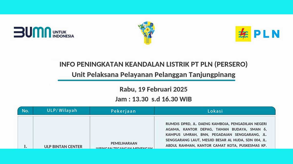 Mati Lampu Besok Mulai Pukul 13.30 WIB di Tanjung Pinang, Rabu 19 Februari 2025 | Lihat Disini Wilayah Terdampak Pemadaman!