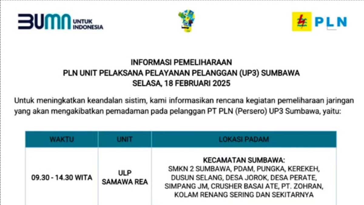 Mati Lampu di Kabupaten Sumbawa, Selasa 18 Februari 2025 | Ini Wilayah Terdampak Pemadaman!