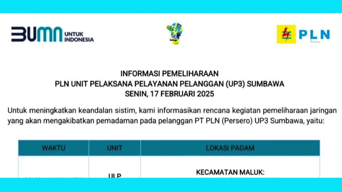 Mati Lampu di Kabupaten Sumbawa | Senin 17 Februari 2025, Ini Jadwal dan Wilayah Terdampak Pemadaman!