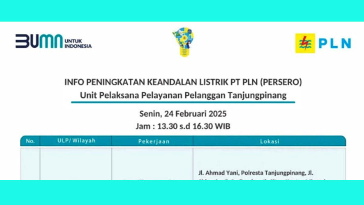 Mati Lampu di Tanjung Pinang Mulai Pukul 09.00 WIB-16.30 WIB Senin 24 Februari 2025