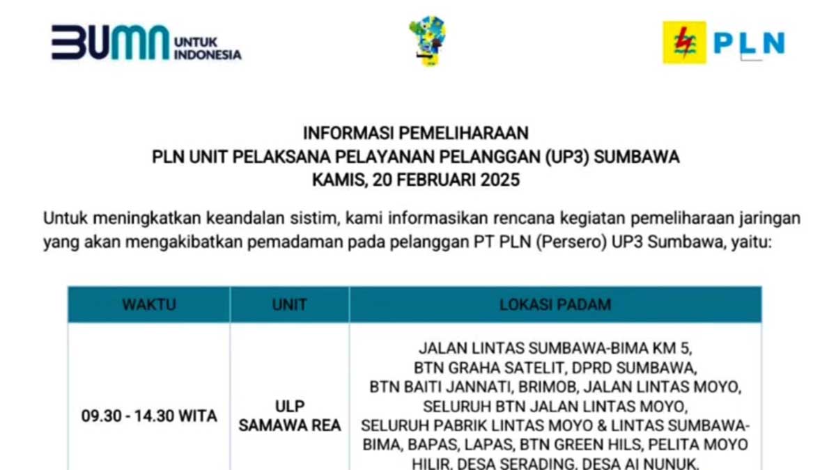 PLN UP3 Sumbawa: Mati Lampu di Wilayah Samawa Rea, Empang dan Taliwang, Kamis 20 Februari 2025 | Cek Disini Wilayah Terdampak Pemadaman!
