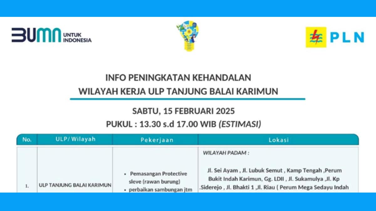 PLN Tanjung Balai Karimun Kembali Mati Lampu Mulai Pukul 13.30 hingga 17.00 WIB, Ini Wilayah Terdampak Pemadaman!