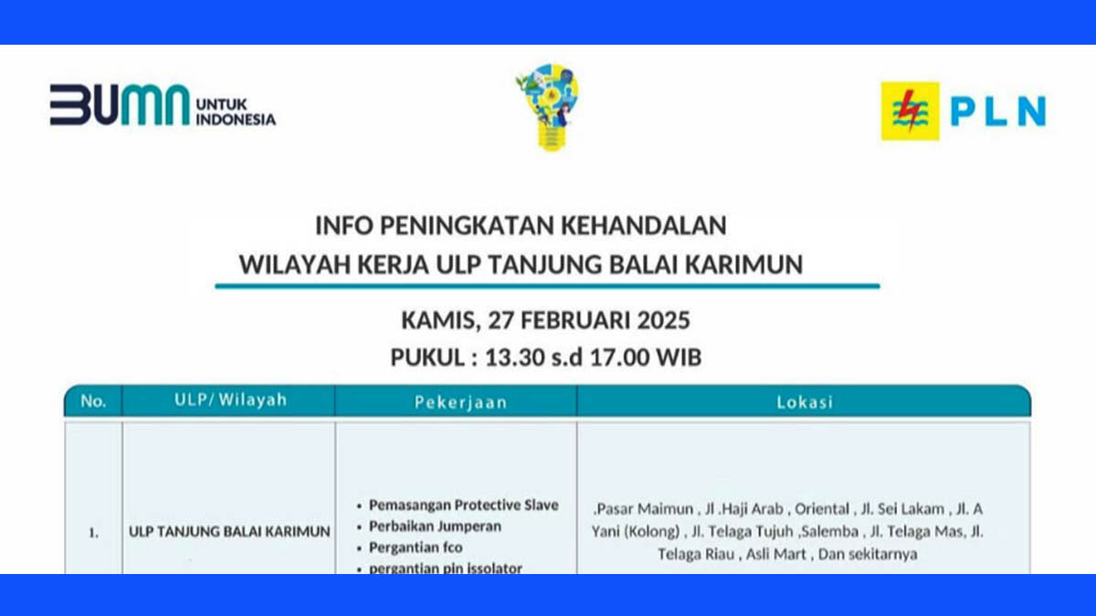 Mulai Pukul 13.30 WIB, PLN Tanjung Balai Karimun Lakukan Pemadaman, Kamis 27 Februari 2025 | Ini Wilayah Terdampak!