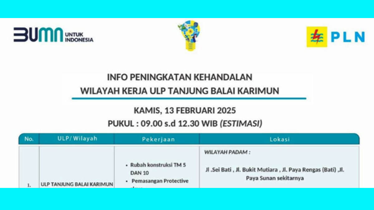 PLN Tanjung Balai Karimun Lakukan Pemadaman Listrik Mulai Pukul 09.00 hingga 12.30 WIB, Kamis 13 Februari 2025