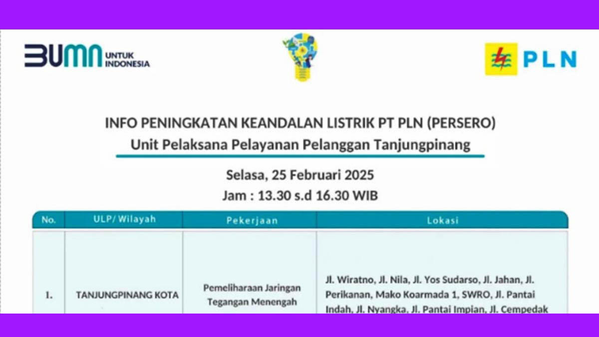PLN Tanjung Pinang Lakukan Pemadaman, Selasa 25 Februari 2025