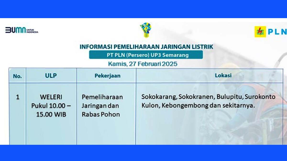 PLN UP3 Semarang: 5 Jam Mati Lampu di Weleri, Kamis 27 Februari 2025 | Ini Wilayah Padam!