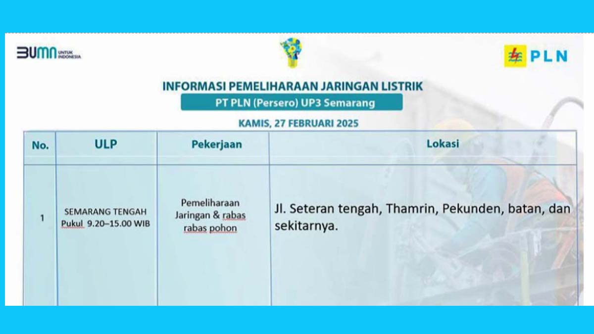 PLN UP3 Semarang: 6 Jam Mati Lampu di Semarang Tengah, Kamis 27 Februari 2025 | Cek Wilayah Padam Disini!