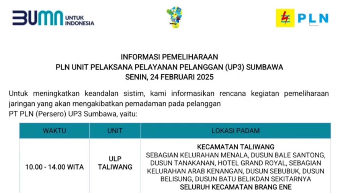 PLN UP3 Sumbawa: 4 Jam Mati Lampu di Taliwang dan 5 Jam di Samawa Rea, Senin 24 Februari 2025 | Ini Wilayah Padam!