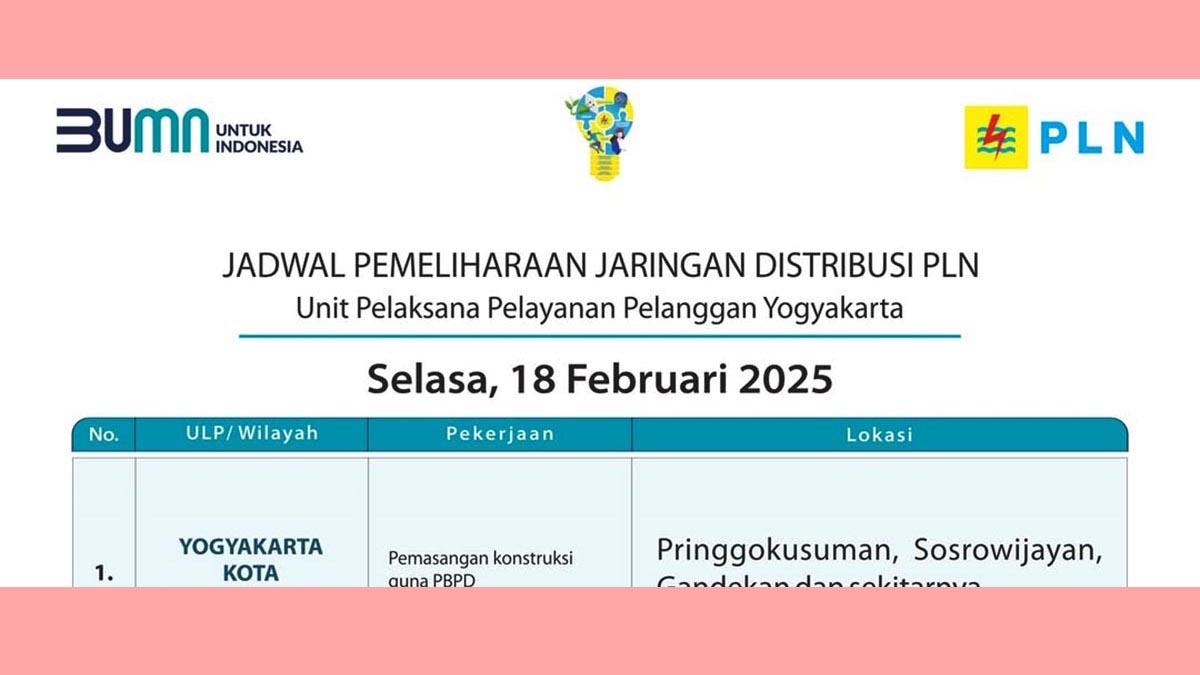 Pemadaman Besok di Wilayah Yogyakarta Kota dan Bantul 18 Februari 2025, Ini Wilayah Terdampak!