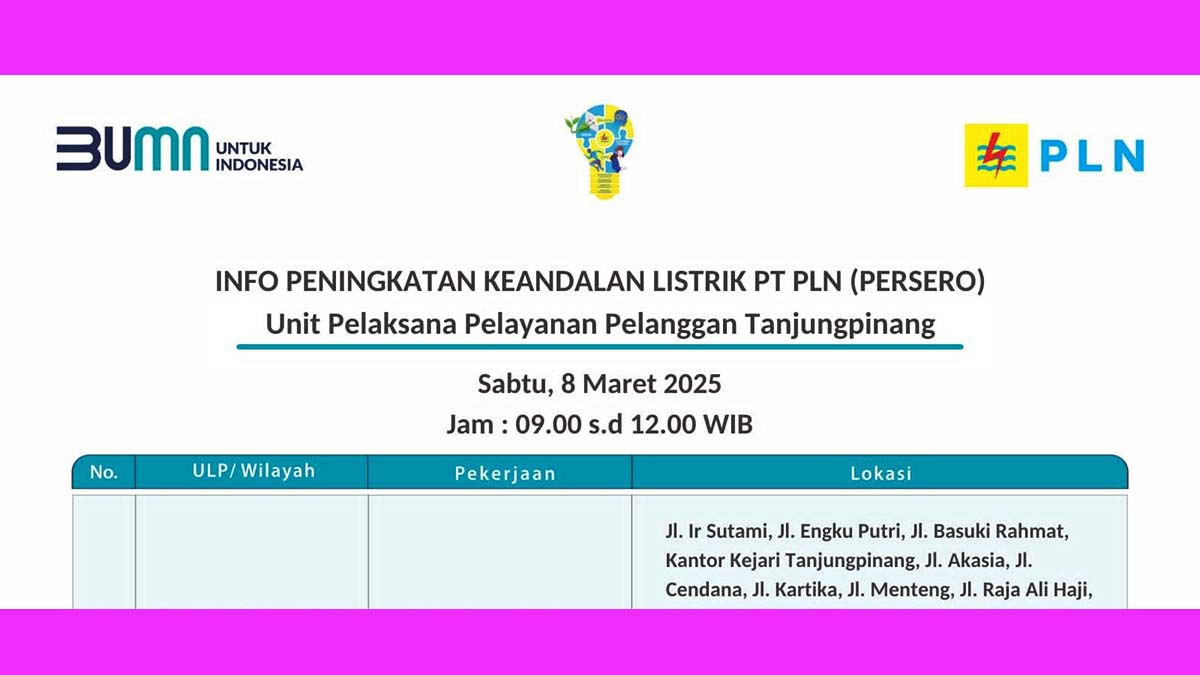 PLN Tanjung Pinang Lakukan Peningkatan Keandalan Listrik pada Sabtu 8 Maret 2025