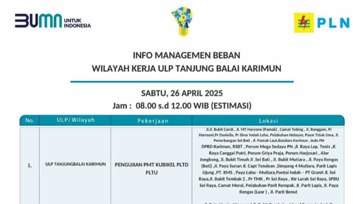Siap-Siap Mati Lampu! PLN Tanjung Balai Karimun Lakukan Pengujian PMT Kubikel Sabtu 26 April 2025, Ini Wilayah Terdampak Pemadaman