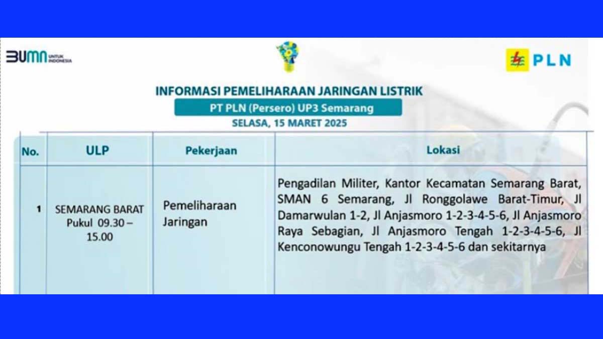 PLN Lakukan Pemeliharaan Jaringan di Semarang Barat | Listrik Sementara Dipadamkan Selasa, 15 Maret 2025
