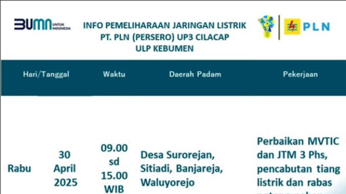 Bersiap! Pemeliharaan Jaringan Listrik di Wilayah Kebumen Rabu dan Kamis 30 April dan 1 Mei 2025, Ini Wilayah Padam