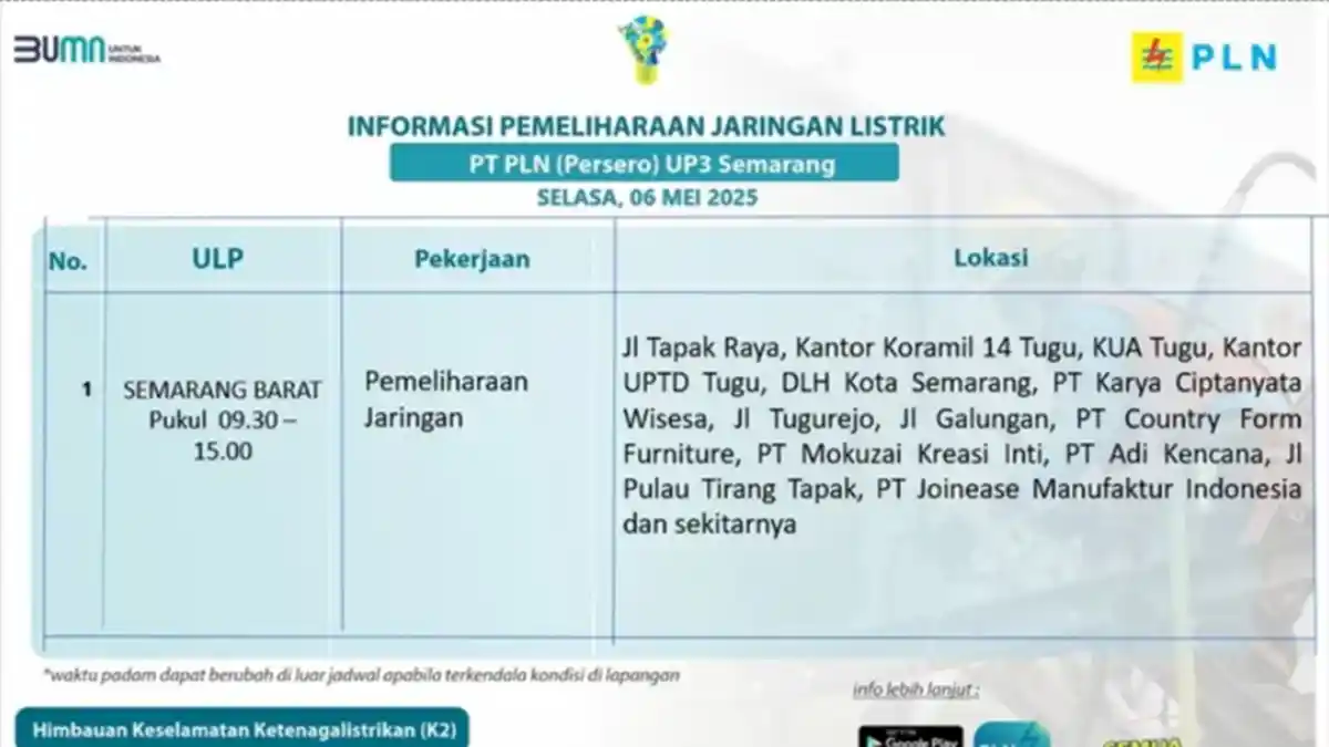 Catat Jadwalnya! PLN Semarang Barat Lakukan Pemeliharaan Jaringan, Pemadaman Listrik 6 Mei 2025