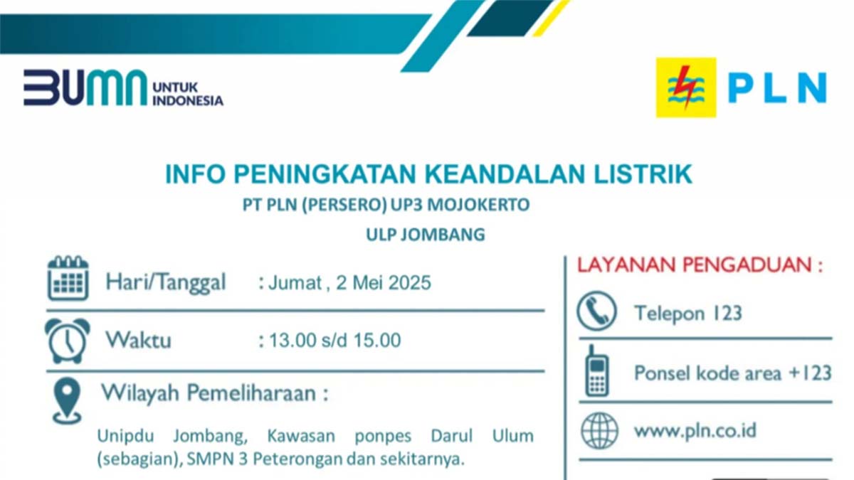 Pemeliharaan Jaringan Listrik di Jombang, Jumat 2 Mei 2025 — Berikut Wilayah Terdampak!