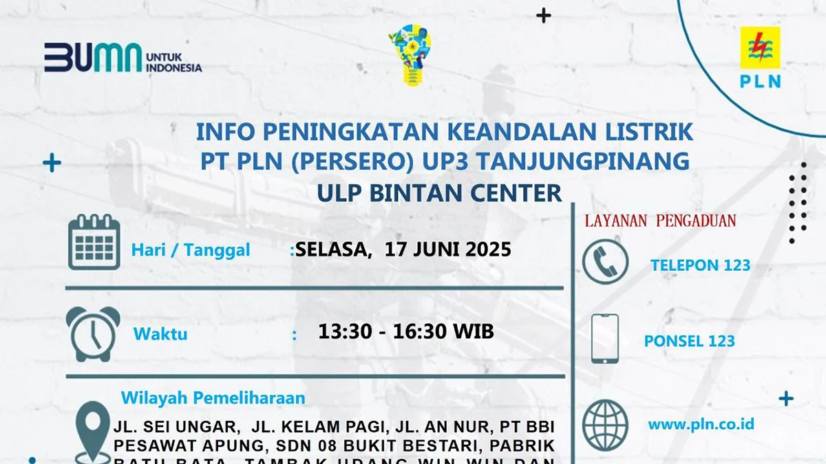 PLN Tanjungpinang Lakukan Pemeliharaan Jaringan Sore Hari Selasa 17 Juni 2025, Mulai Jalan Sei Ungar Hingga Tambak Udang Win-Win
