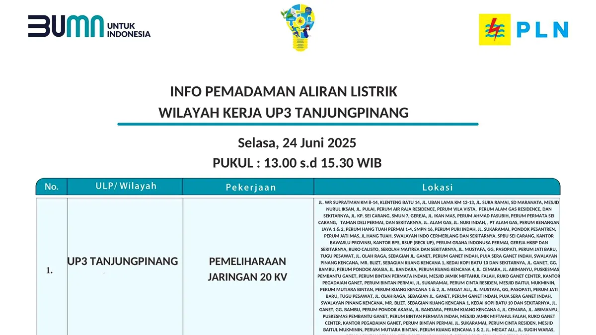 Catat! Pemadaman Listrik di Tanjungpinang 24 Juni 2025, Ini Wilayah dan Jadwal Lengkapnya