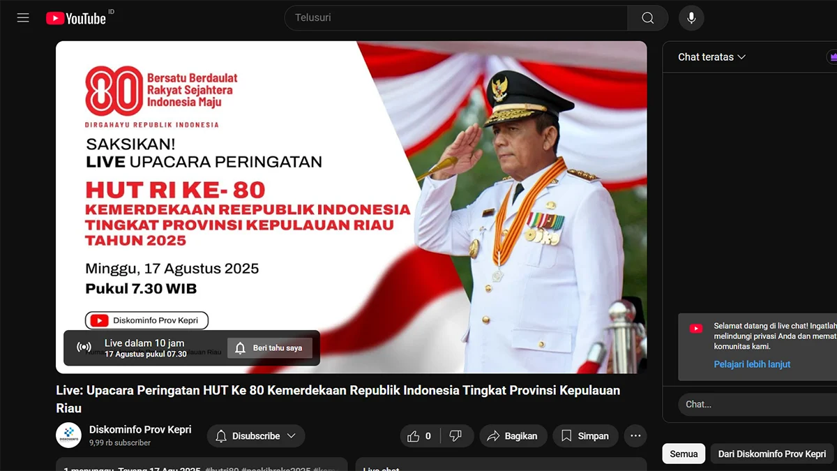 Upacara HUT RI ke-80 di Tanjungpinang Disiarkan Live Streaming oleh Diskominfo Kepri, Ini Link YouTube-nya