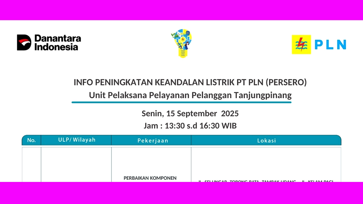 Catat, Pemadaman Listrik Senin Siang di Tanjungpinang, 15 September 2025 Mulai Pukul 13.30 WIB