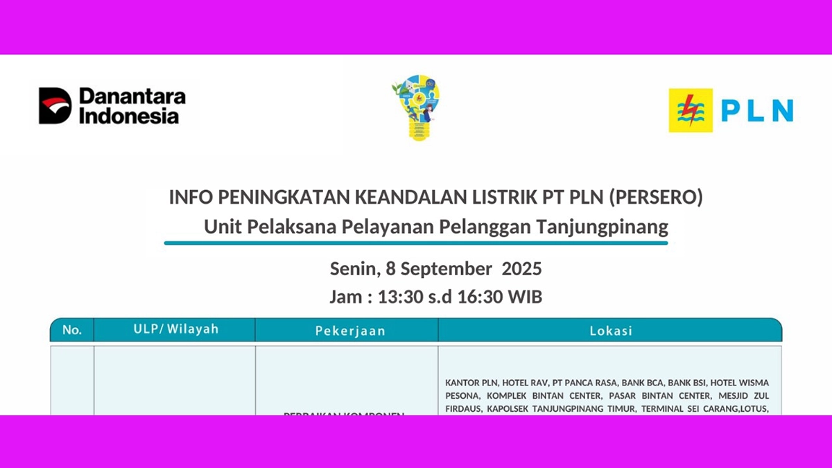Hotel, Bank, hingga Pasar Bintan Center Tanjungpinang Terdampak Pemadaman PLN Senin 8 September 2025 Hingga Pukul 16.30 WIB