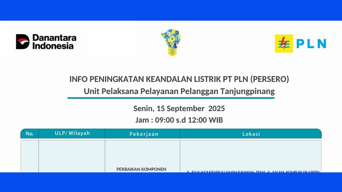 Warga Tanjungpinang, Siap-siap Pemadaman PLN Senin 15 September Pukul 09.00-12.00 WIB