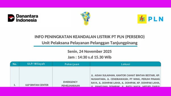 Pemadaman Darurat PLN Tanjungpinang, 24 November 2025: Warga Dompak hingga Pinang Raya Diminta Waspada!