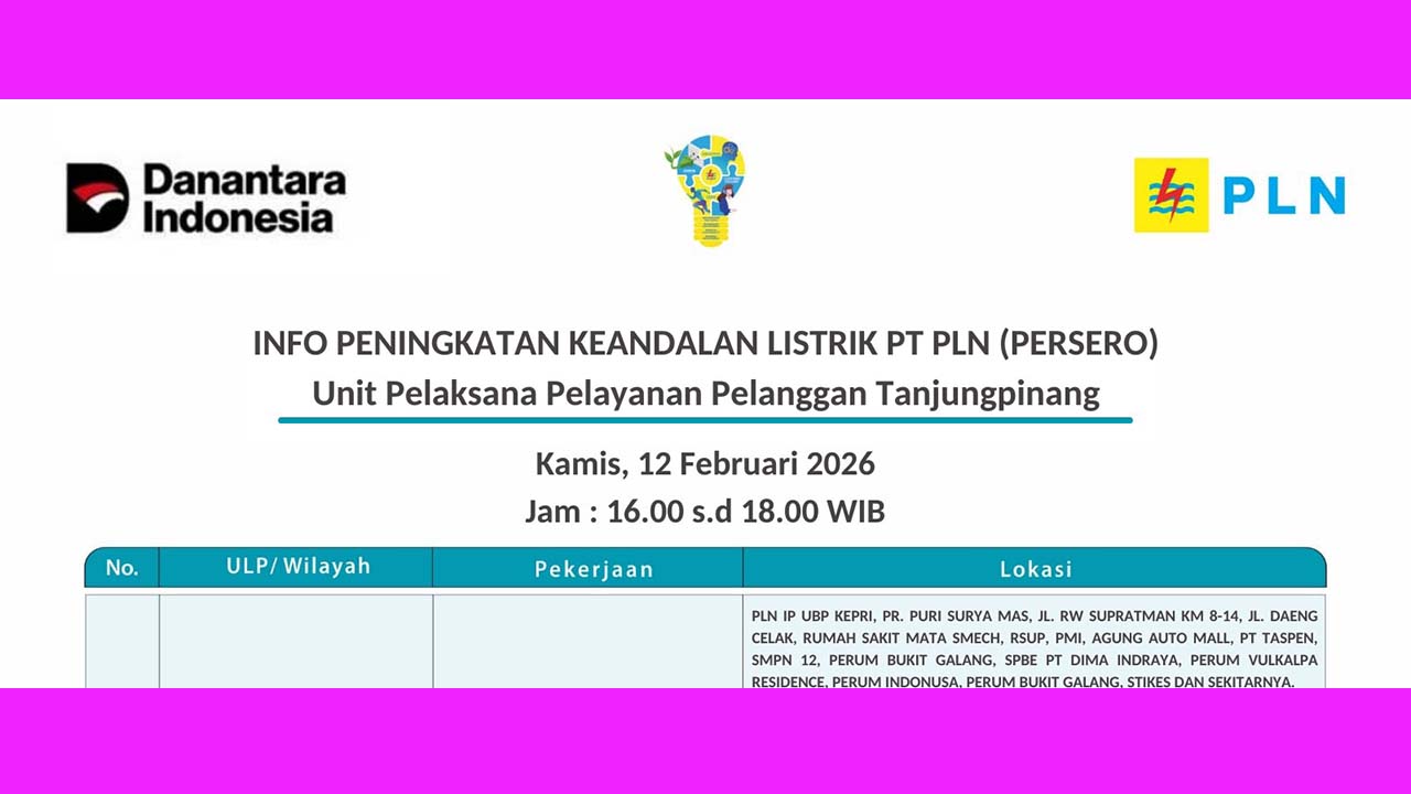 Pemeliharaan Emergency Gardu Induk Air Raja, PLN Lakukan Pemadaman Sementara di Sejumlah Wilayah Tanjungpinang Kamis Sore