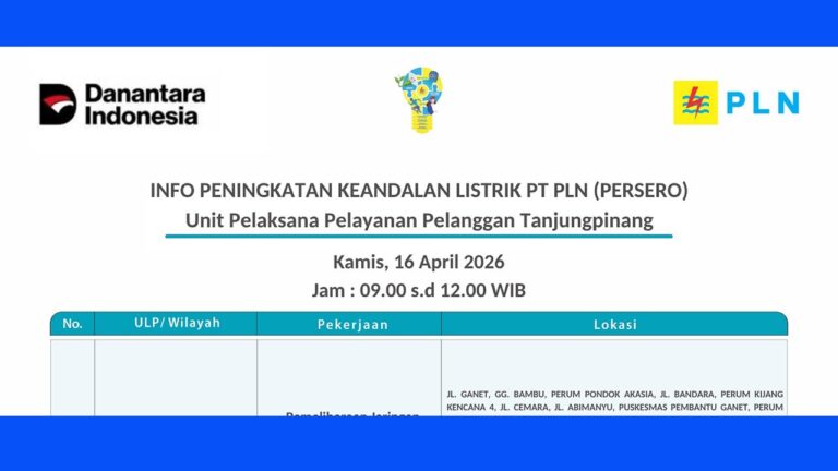 Catat! Perum Kijang Kencana hingga Bintan Permata Indah Padam, Kamis 16 April 2026