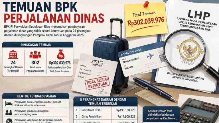 BPK Temukan Kelebihan Pembayaran Perjalanan Dinas Rp302 Juta di 24 OPD Pemprov Kepri